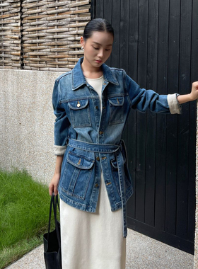 PURITY YH法式通勤简约秋季宽松时尚女牛仔外套休闲复古绑带上衣