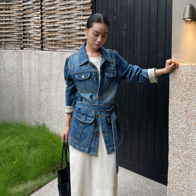 PURITY YH法式通勤简约秋季宽松时尚女牛仔外套休闲复古绑带上衣