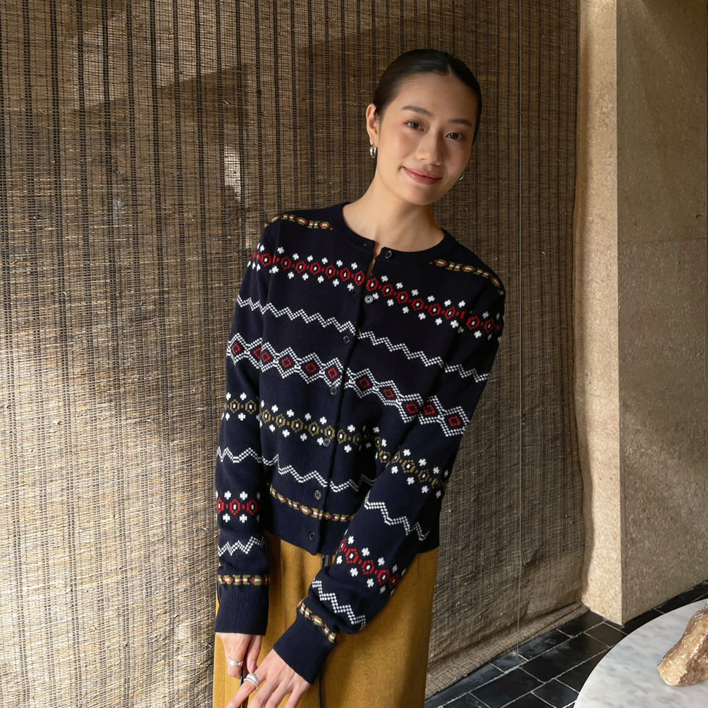 PURITYYH独特设计感针织开衫菱形印花长袖女2025秋冬潮流毛衣上衣