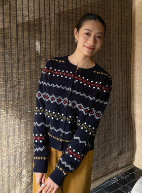 PURITYYH独特设计感针织开衫菱形印花长袖女2025秋冬潮流毛衣上衣