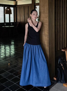 PURITYYH气质风春季新品极简时尚小众牛仔松紧腰百褶裙长裙女~