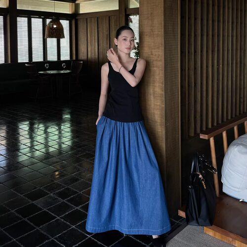 PURITYYH气质风春季新品极简时尚小众牛仔松紧腰百褶裙长裙女~