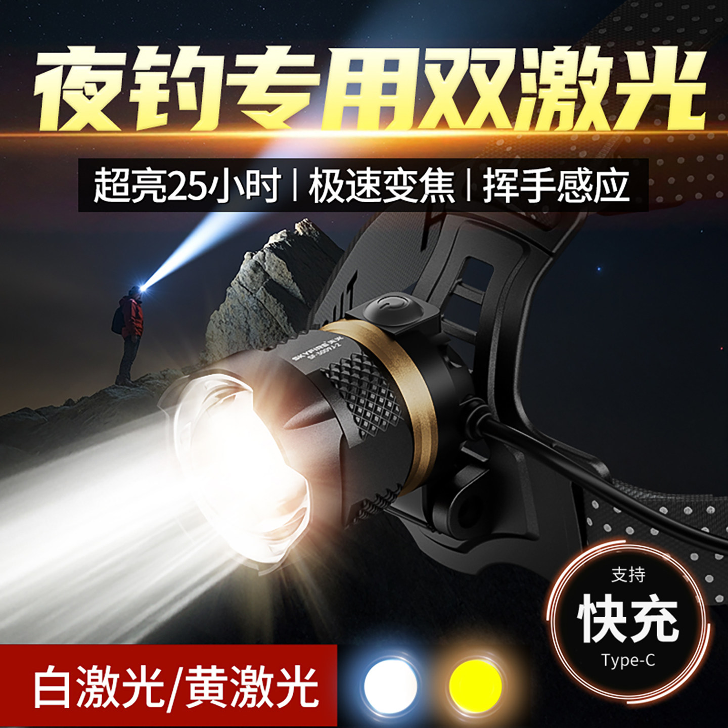 天火头灯强光充电超亮头戴式手电筒钓鱼专用超长续航矿灯感应变焦