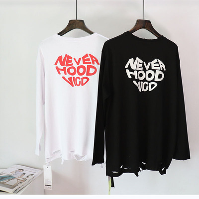 原创休闲嘻哈秋男女长袖T恤爱心宽松潮流破洞打底衫体恤港风半袖