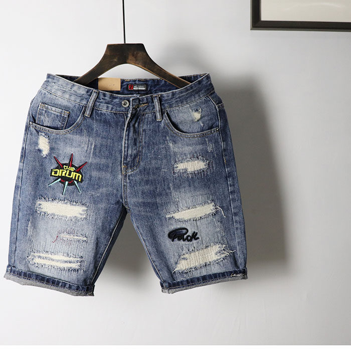原创破洞牛仔短裤男潮五分裤修身小脚夏季新款5分刺绣中裤子高端