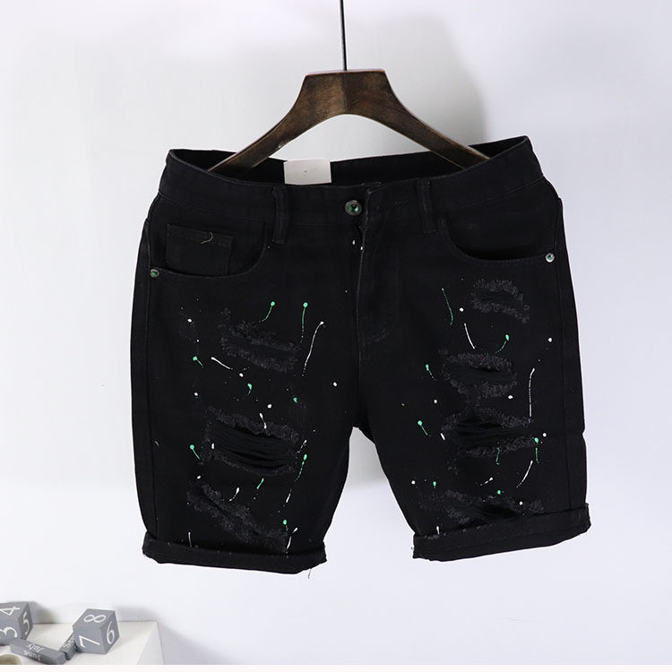 潮牌夏装男士休闲牛仔五分中裤黑色破洞短裤社会小伙直筒修身潮流