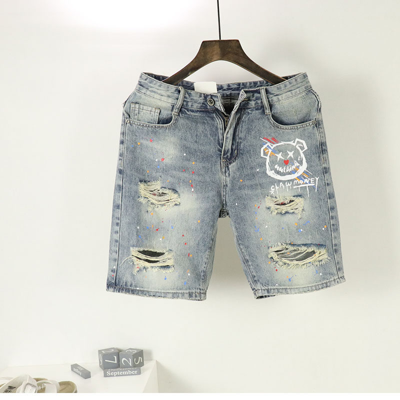 清仓韩系夏装男士破洞牛仔中裤直筒休闲五分短裤泼墨青春流行青春