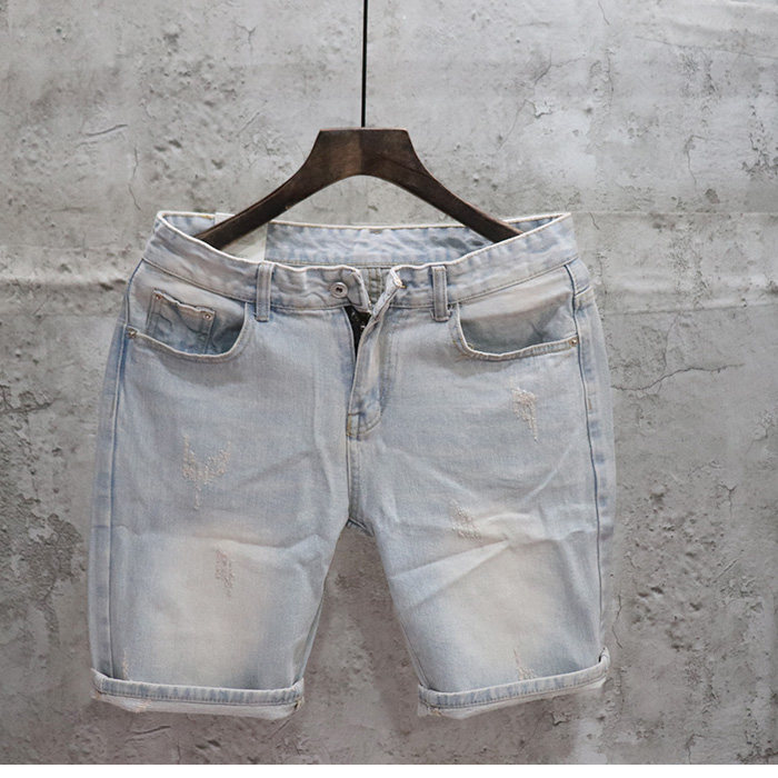 浅蓝色经典夏装男士牛仔中裤简约潮流百搭五分短裤复古韩系修身男