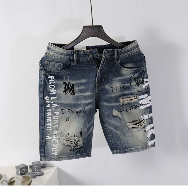 破洞牛仔短裤男士夏季薄款潮牌宽松直筒五分中裤弹力休闲乞丐马裤