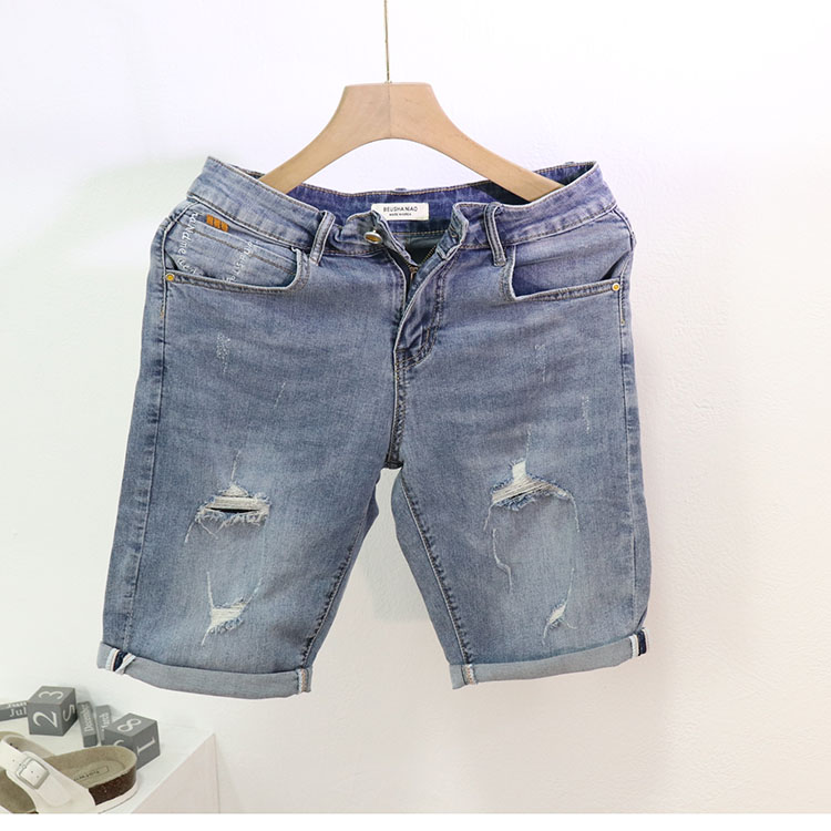 韩系弹力修身休闲男士破洞牛仔五分中裤夏季小伙潮流透气薄款短裤