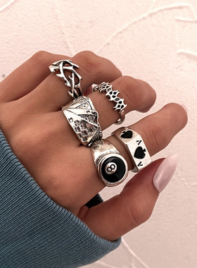 暗黑系复古创意黑桃A纸牌戒指多件套装女个性手饰