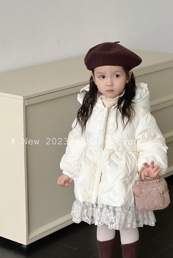 7-seven 秋冬新款童装女童白色蕾丝中长款加厚棉服连帽外套韩版