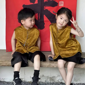 新款 两件套兄妹装 男童新中式 女童国风背心短裤 马甲套装 2025夏季