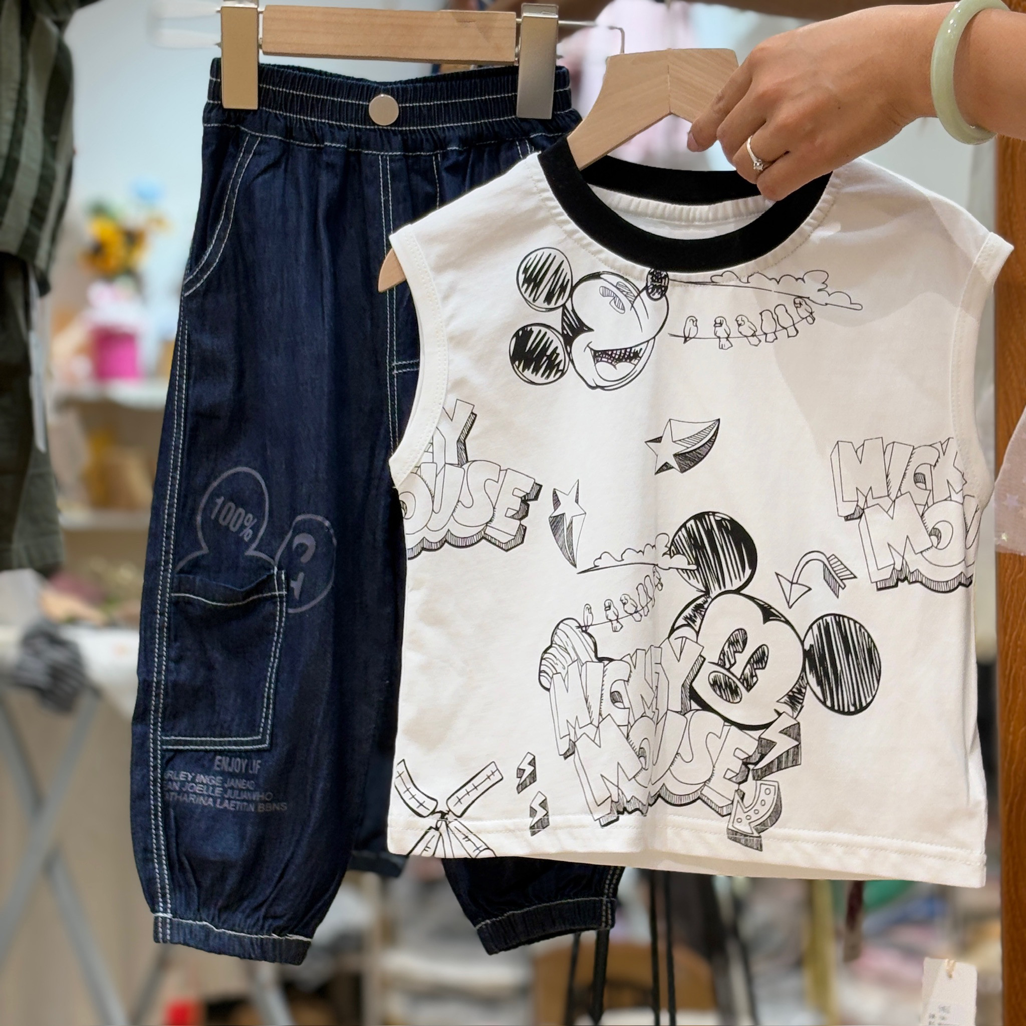 2025年夏季新款男童女童超薄牛仔长裤童装口袋米奇裤子防蚊裤韩版