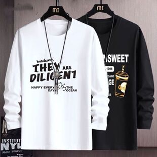 t恤春秋衣服男潮流休闲简约港风学生打底衫 长袖 胖子体恤 男装 大码