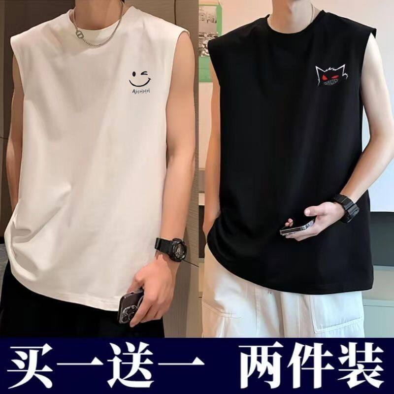 大码潮流新款宽松笑脸美式背心百搭夏季汗衫冰丝运动休闲无袖坎肩