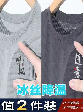 胖子冰丝T恤男夏季宽松圆领大码速干短袖大码透气凉感网眼上衣薄t