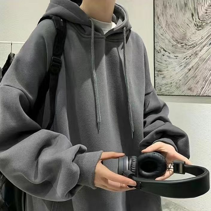 秋冬季重磅大码卫衣男连帽百搭学生外套纯色上衣简约长袖薄款帽衫