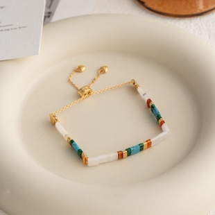 天然贝母青金石手链女独特绿松石手串彩色几何小方块情侣宝石