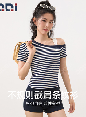 2026春上新 的确奇美式斜肩运动短袖t恤女修身休闲健身上衣2386