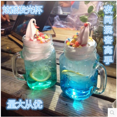 创意发光带灯把子杯玻璃冰淇淋杯带把公鸡杯饮料冷饮玻璃梅森杯子