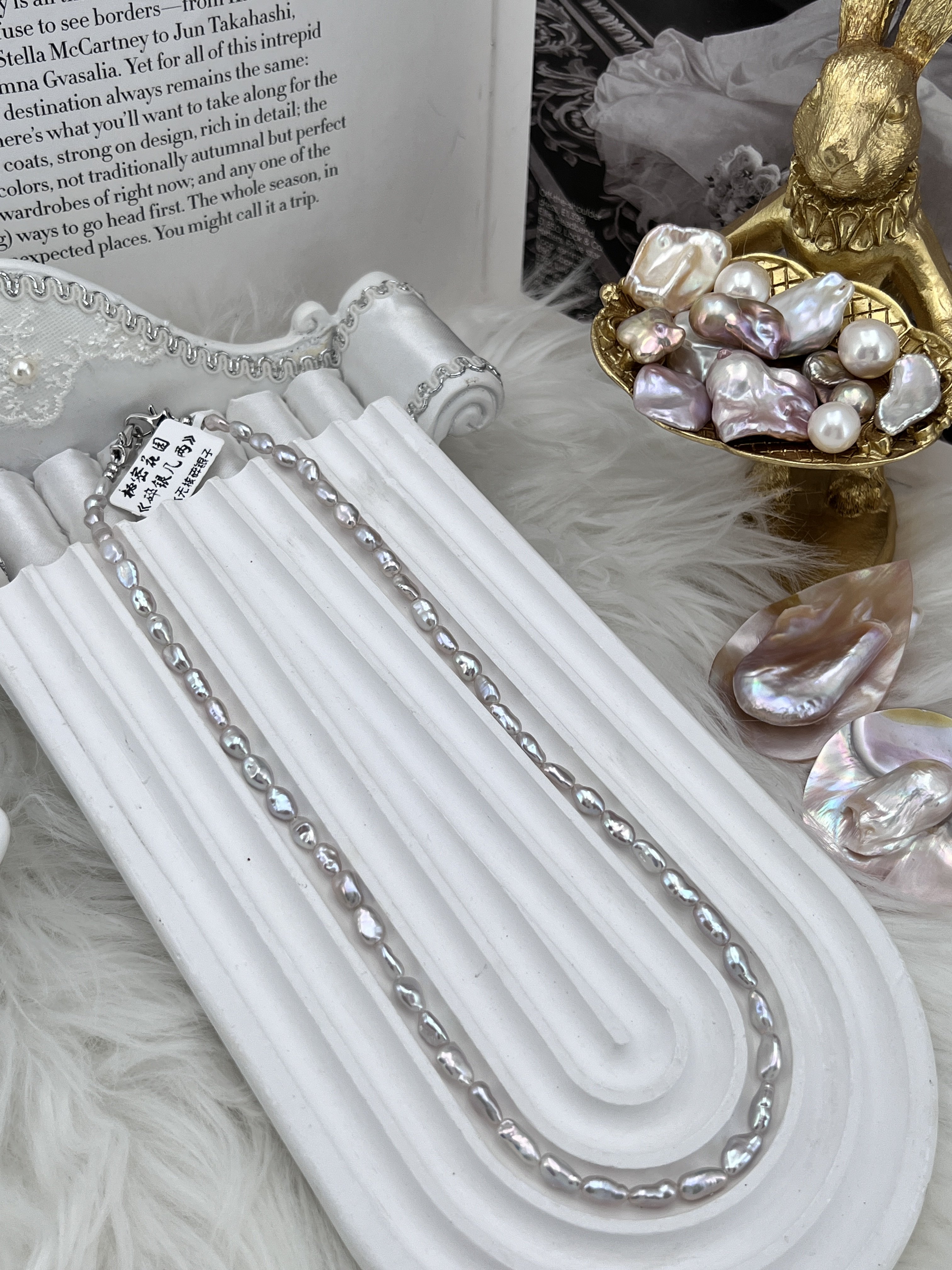 《碎银几两》44cm～镜面光泽淡水珍珠碎银子项链蓝灰色系时尚百搭