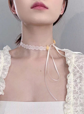 系带蕾丝锁骨链女蝴蝶结项圈