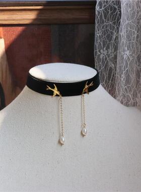 宽边丝绒带遮颈纹黑色百搭锁骨链