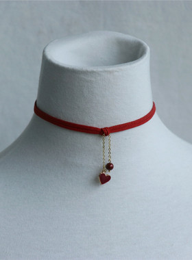 甜美酒红绒绳choker爱心珍珠项圈