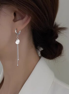 S925银针圆片流苏耳扣女长款气质时尚高级感ins冷淡风显脸瘦耳环