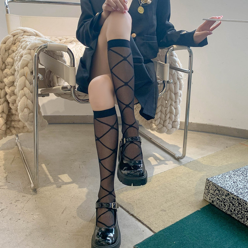 jk制服袜子女及膝袜夏季透明性感丝袜白色黑色黑丝小腿袜显瘦潮袜
