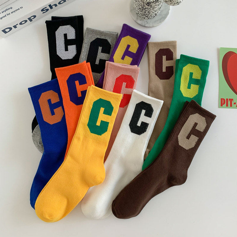 ins潮牌大c字母袜子女中筒袜配鲨鱼裤外穿纯棉长袜韩国网红袜