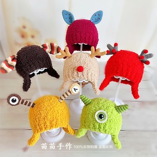 珊瑚绒婴儿帽子冬季宝宝毛线帽男女童护耳帽手工定制个性潮萌帽子