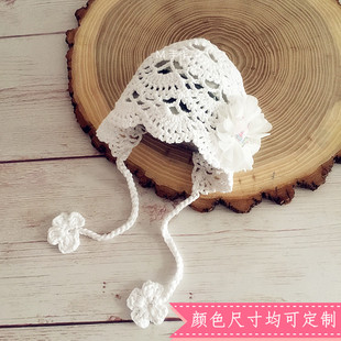 春夏款婴儿帽子新生儿满月宝宝手钩花朵系带镂空帽子拍照帽子凉帽