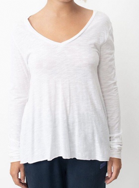 AMV经典V领小卷边长袖轻薄洗水竹节棉T恤Americanvintage jac系列