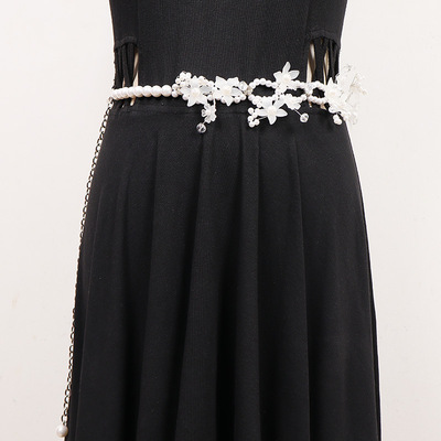 月光百合腰链 花朵银色珍珠腰带腰封项链毛衣链配饰