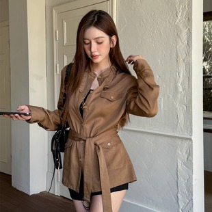 浅布调春季复古咖色宽松极简收腰长袖上衣美式工装100天丝衬衫女