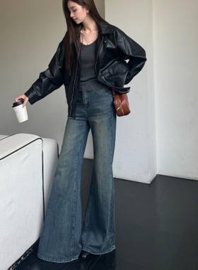 浅布调春秋冬加绒复古蓝色牛仔裤喇叭裤女微喇拖地阔腿高个加长裤