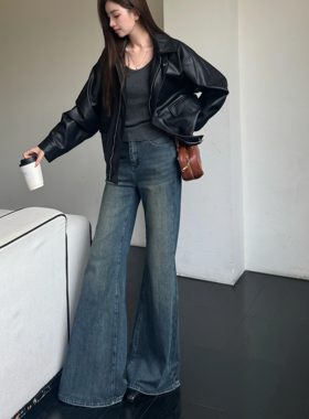 浅布调春秋冬加绒复古蓝色牛仔裤喇叭裤女微喇拖地阔腿高个加长裤