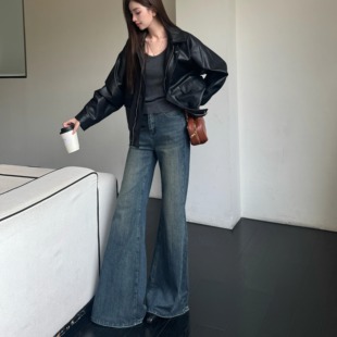 浅布调春秋冬加绒复古蓝色牛仔裤喇叭裤女微喇拖地阔腿高个加长裤