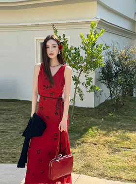 浅布调QBD夏季复古红雪纺裙显瘦V领高腰气质连衣裙拖地长裙度假裙