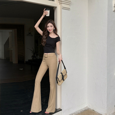 美式辣妹中低腰弹力修身喇叭裤