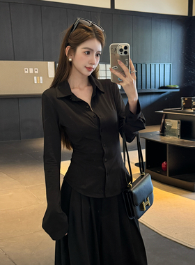 浅布调春夏新款修身弹力收腰显瘦黑色长袖衬衫百搭简约衬衣上衣女