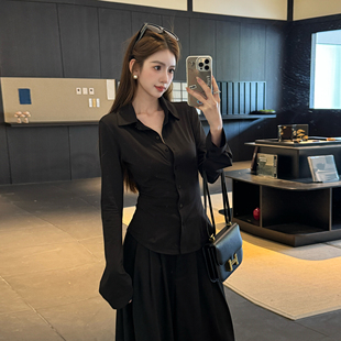 衬衫 弹力收腰显瘦黑色长袖 百搭简约衬衣上衣女 修身 浅布调春夏新款