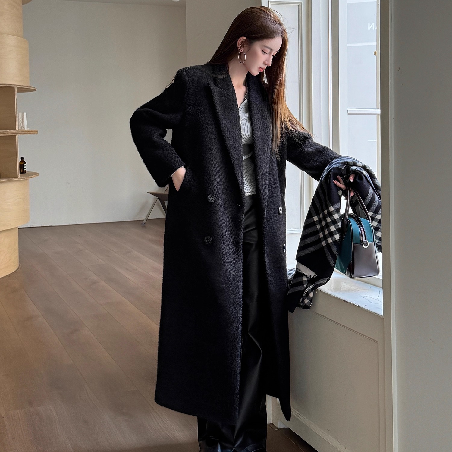 浅布调【黑钻石】冬新款宽松显瘦高个子加厚长款外套黑色毛呢大衣