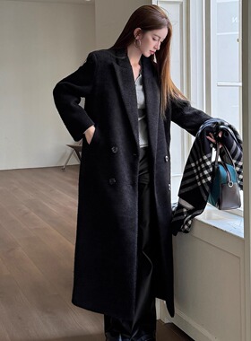 浅布调【黑钻石】冬新款宽松显瘦高个子加厚长款外套黑色毛呢大衣