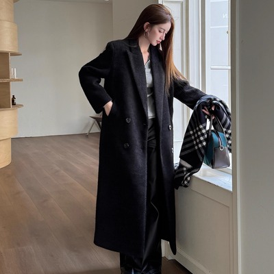 浅布调雪貂绒长款宽松呢大衣外套