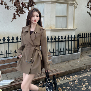 浅布调秋装 外套 英伦风翻领双排扣高级感收腰系带棕色风衣气质短款