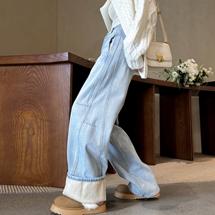 拖地高个加长裤 浅布调 宽松解构弯刀裤 加绒浅蓝牛仔阔腿裤 女 冬季