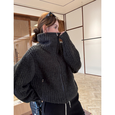 深灰粗棒针立领毛衣外套加厚针织